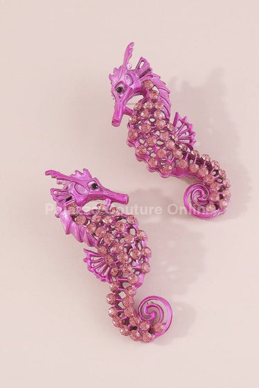 Large Seahorse Full Rhinestone Drop Earrings(Fuchsia) - Palazzo Couture Online