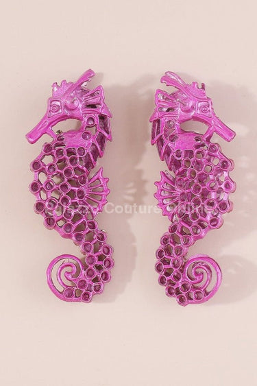 Large Seahorse Full Rhinestone Drop Earrings(Fuchsia) - Palazzo Couture Online