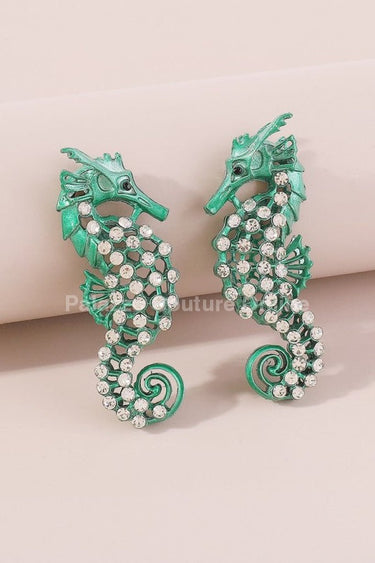 Large Seahorse Full Rhinestone Drop Earrings(Green) - Palazzo Couture Online