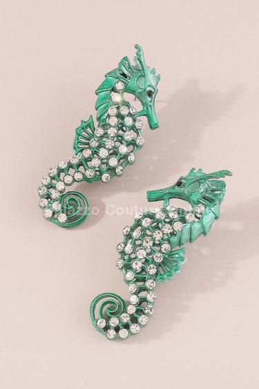 Large Seahorse Full Rhinestone Drop Earrings(Green) - Palazzo Couture Online