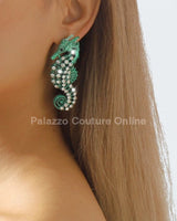 Large Seahorse Full Rhinestone Drop Earrings(Green) - Palazzo Couture Online