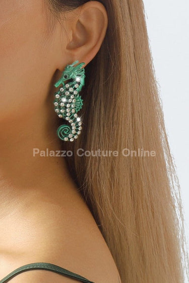 Large Seahorse Full Rhinestone Drop Earrings(Green) - Palazzo Couture Online