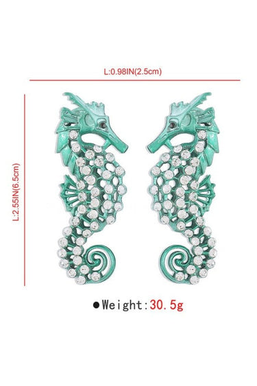 Large Seahorse Full Rhinestone Drop Earrings(Green) - Palazzo Couture Online