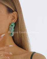 Large Seahorse Full Rhinestone Drop Earrings(Green) - Palazzo Couture Online