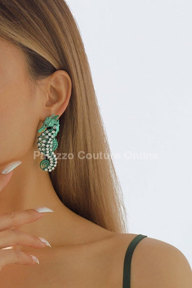 Large Seahorse Full Rhinestone Drop Earrings(Green) - Palazzo Couture Online