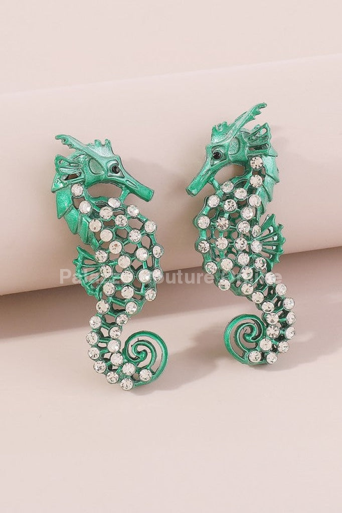 Large Seahorse Full Rhinestone Drop Earrings(Green) Earrings