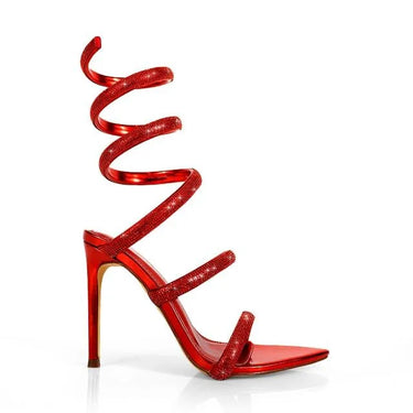 Laurent red crystal spiral ankle wrap heels - sparkling statement stiletto