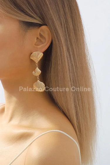 Layered Metal Seashell Drop Earrings (Gold) - women's statement jewelry