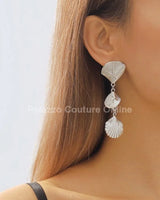 Layered Metal Seashell Drop Earrings (Silver) - women's statement jewelry