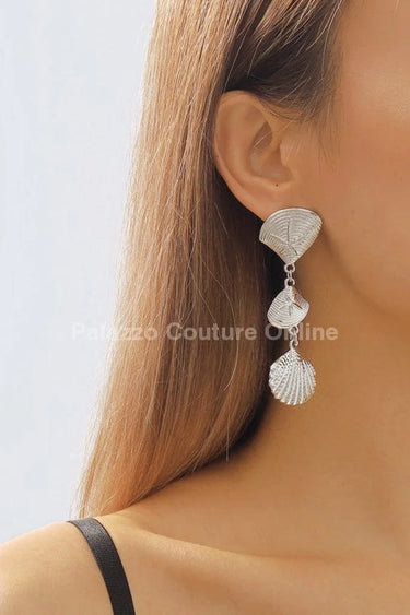 Layered Metal Seashell Drop Earrings (Silver) - women's statement jewelry