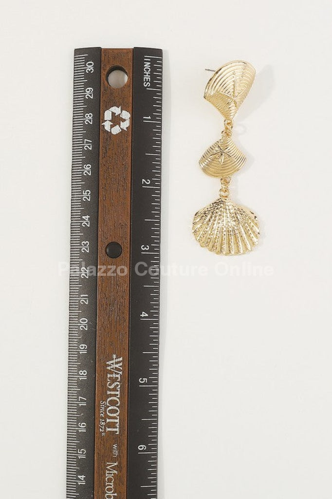 Layered Metal Seashell Drop Earrings (Gold)