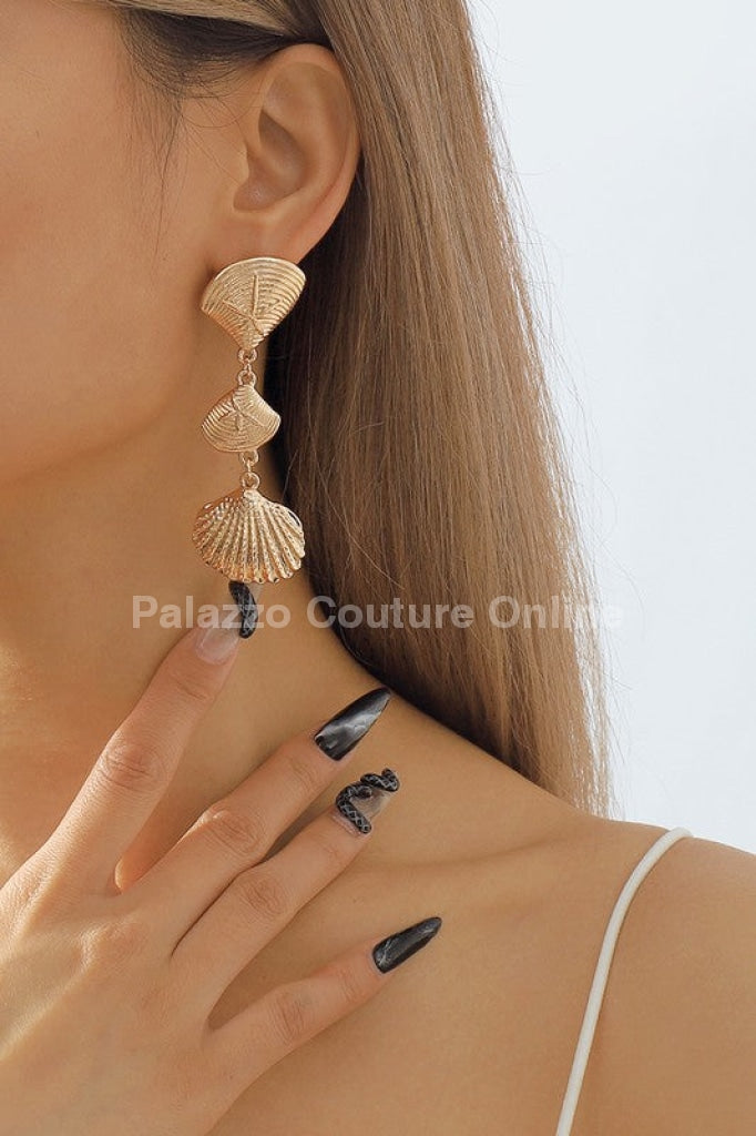 Layered Metal Seashell Drop Earrings (Gold) One Size / Gold