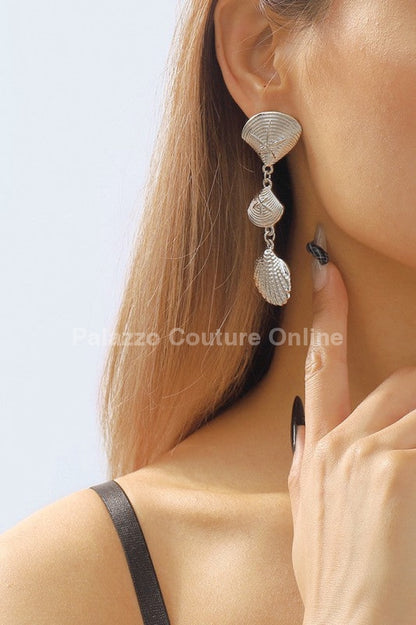 Layered Metal Seashell Drop Earrings (Silver) One Size / Silver