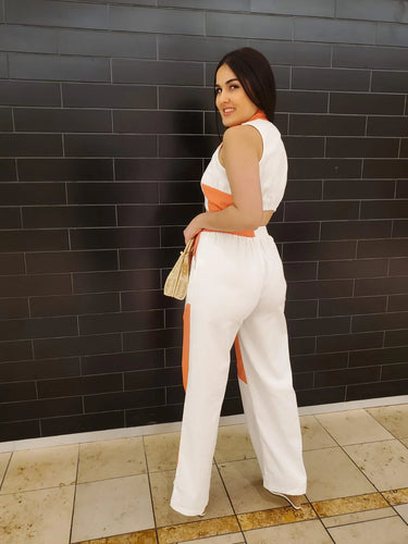 Lea Pants Set (Orange) close up of matching top design and fabric detail
