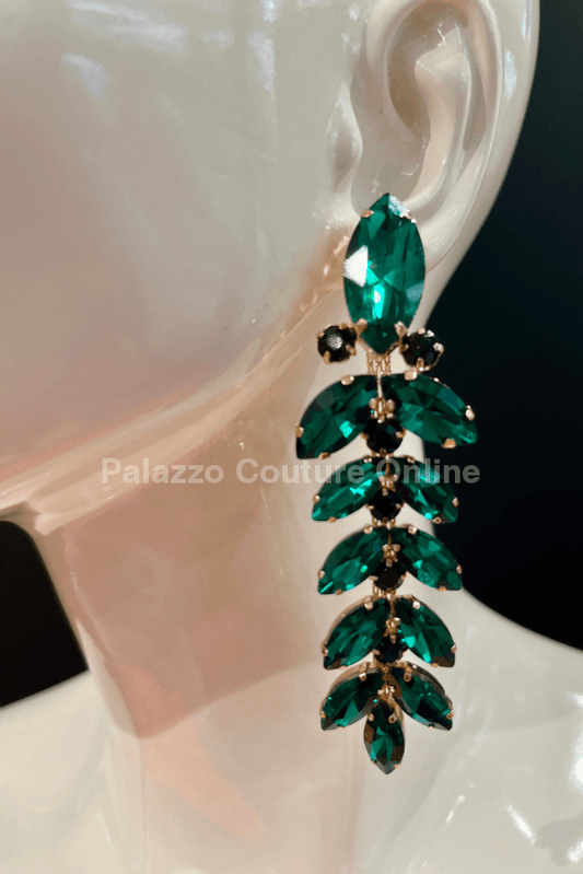 Leaf Crystal (Green) Drop Evening Earrings One Size / Green