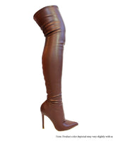 Pu Leather Gisele Pointed Toe Over The Knee Boots-Brown for women - boots by Palazzo Couture