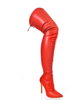 Pu Leather Gisele-50 Pointed Toe Over The Knee Boots -Red for women - boots by Palazzo Couture