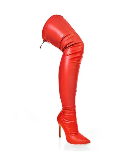 Pu Leather Gisele-50 Pointed Toe Over The Knee Boots -Red for women - boots by Palazzo Couture