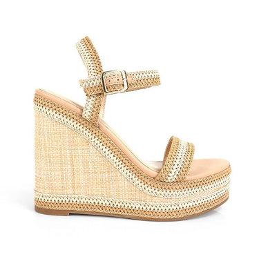 Tan woven wedge sandals with ankle strap – Riviera silhouette for smart‑casual summer outfits