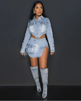 Let It Happen Denim Skirt Set front view showing complete two piece skirt set