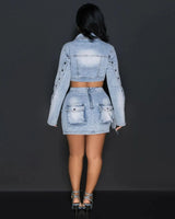 Let It Happen Denim Skirt Set close up of denim top design and fabric