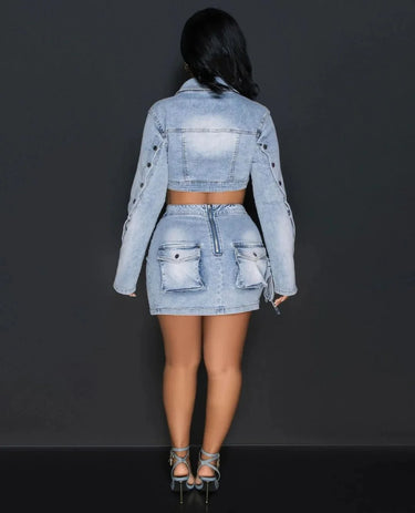 Let It Happen Denim Skirt Set close up of denim top design and fabric