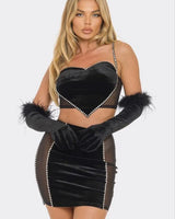 Linda 2 PCS Top Rhinestone Skirt Set front view showing complete two piece skirt set