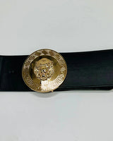 Lion Accent Gold Buckle Elastic Belt (Black) - women's statement waist belt accessory