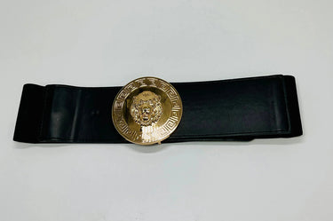 Lion Accent Gold Buckle Elastic Belt (Black) - women's statement waist belt accessory