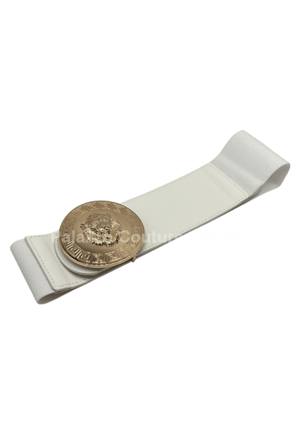 Lion Accent Gold Plain Buckle Elastic Belt White