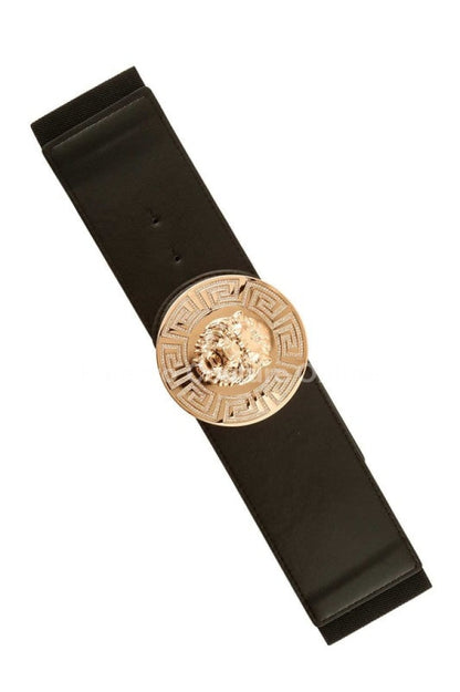 Lion Accent With Rhinestone Buckle Elastic Belt Black/Gold / One Size