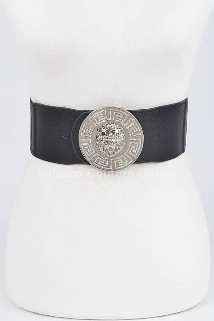 Lion Accent With Rhinestone Buckle Elastic Belt Black/Silver / One Size