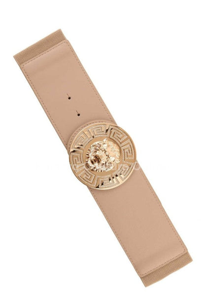 Lion Accent With Rhinestone Buckle Elastic Belt Taupe / One Size