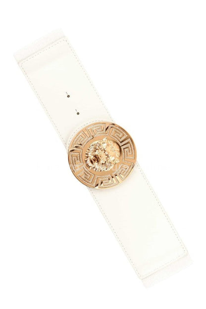 Lion Accent With Rhinestone Buckle Elastic Belt White / One Size