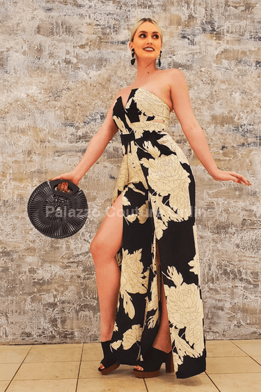 Little Secrets Print Jumpsuit (Black - Ivory - Palazzo Couture Online