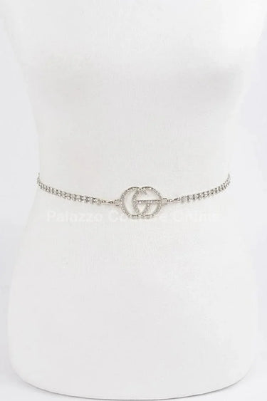 CG Logo Rhinestone Dainty Chain Belt (Silver) - women's statement waist belt accessory