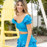 Blue crop top with soft ruffle sleeves