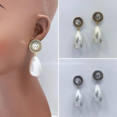 Long Pearl Greek Pattern Earring - women's statement jewelry