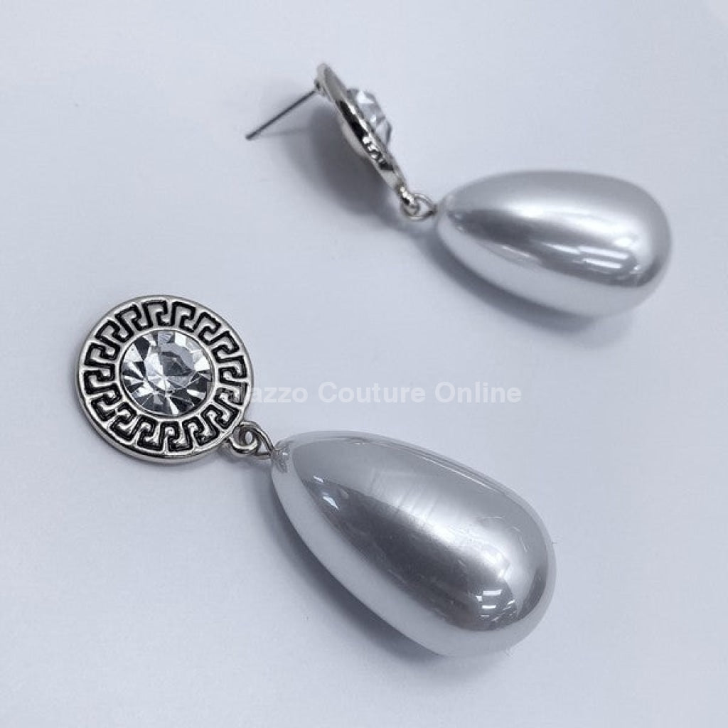 Long Pearl Greek Pattern Earring One Size / Silver Earrings