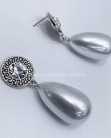 Long Pearl Greek Pattern Earring - elegant piece by Palazzo Couture