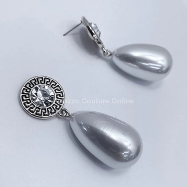 Long Pearl Greek Pattern Earring - elegant piece by Palazzo Couture