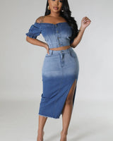 Lorena Baby Blue Skirt Set with V-Neck Top front view showing complete two piece skirt set