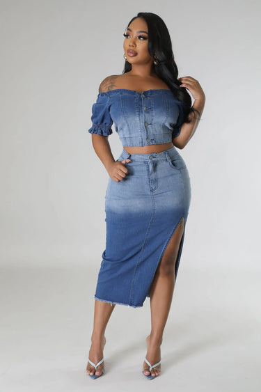 Lorena Baby Blue Skirt Set with V-Neck Top side view showing skirt silhouette and fit