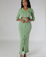Lorena Baby Green Skirt Set with V-Neck Top front view showing complete two piece skirt set