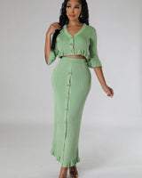 Lorena Baby Green Skirt Set with V-Neck Top side view showing skirt silhouette and fit