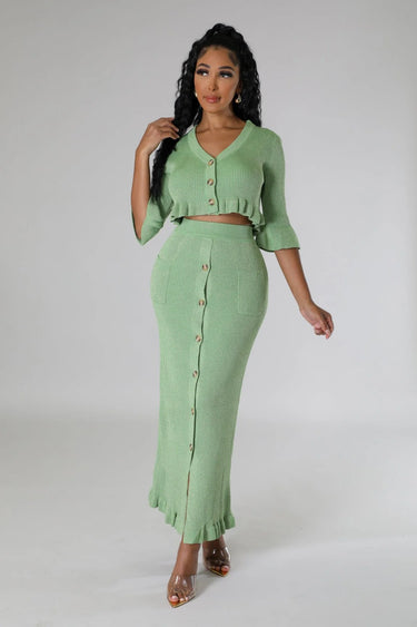 Lorena Baby Green Skirt Set with V-Neck Top side view showing skirt silhouette and fit