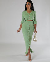 Lorena Baby Green Skirt Set with V-Neck Top close up of matching top design and fabric