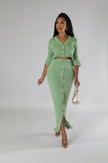 Lorena Baby Green Skirt Set with V-Neck Top close up of matching top design and fabric