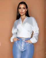 So Lovable White Satin Top Tie-Front Crop Top with Long Sleeves for women - crop top by Palazzo Couture