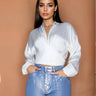 So Lovable White Satin Top Tie-Front Crop Top with Long Sleeves for women - crop top by Palazzo Couture